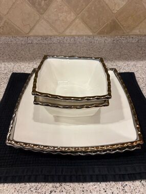 White Ceramic Dinnerware Set with Metallic Gold-Rim Accent